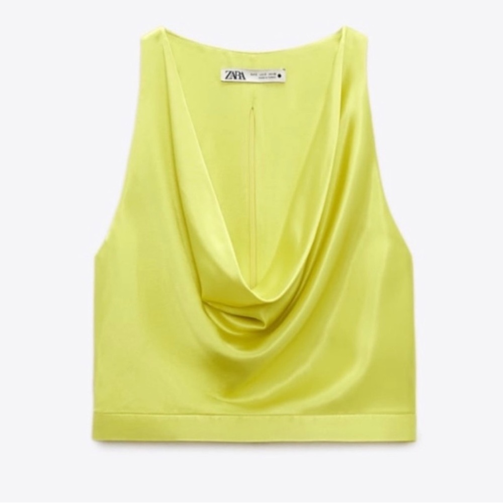 Zara Neon Yellow Satin Drape Top